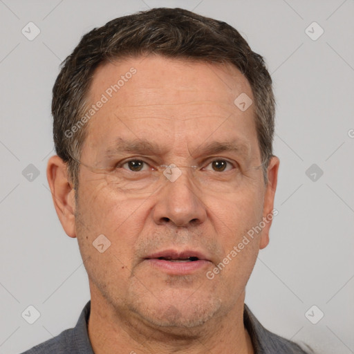 Neutral white middle-aged male with short  brown hair and brown eyes