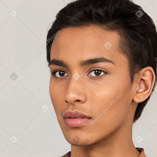 Neutral latino young-adult male with short  brown hair and brown eyes