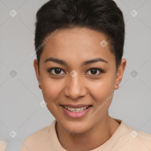 Joyful latino young-adult female with short  brown hair and brown eyes