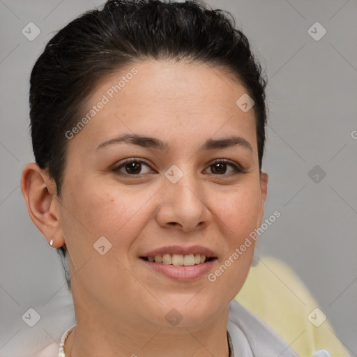 Joyful white young-adult female with short  brown hair and brown eyes