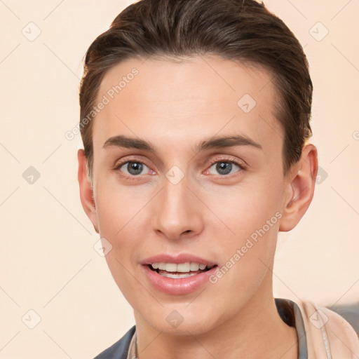 Joyful white young-adult male with short  brown hair and brown eyes