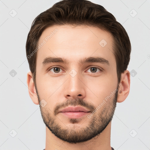 Neutral white young-adult male with short  brown hair and brown eyes