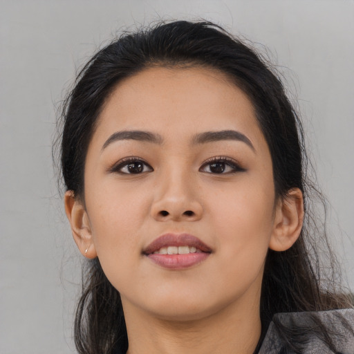 Neutral asian young-adult female with long  brown hair and brown eyes