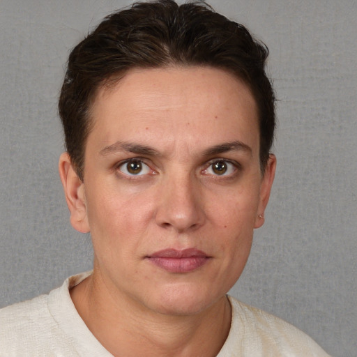 Neutral white adult female with short  brown hair and brown eyes