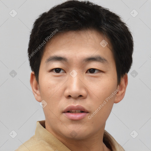 Neutral asian young-adult male with short  brown hair and brown eyes