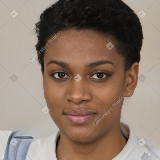 Joyful latino young-adult female with short  black hair and brown eyes