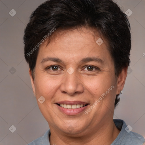 Joyful white adult female with short  brown hair and brown eyes