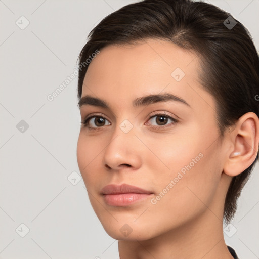 Neutral white young-adult female with medium  brown hair and brown eyes