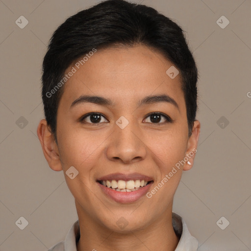 Joyful latino young-adult female with short  brown hair and brown eyes