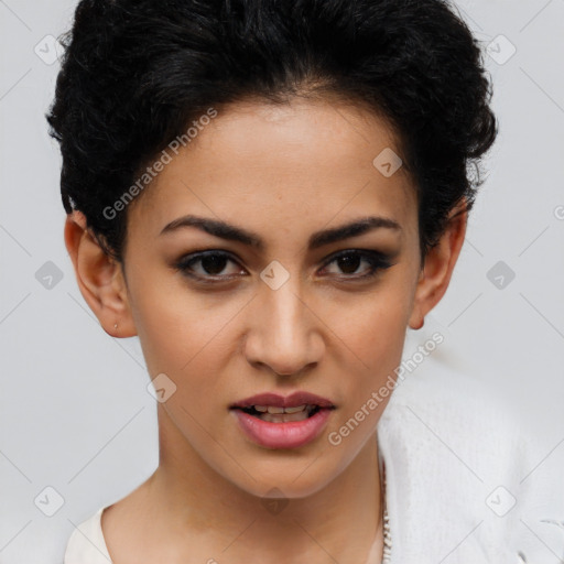 Joyful latino young-adult female with short  brown hair and brown eyes