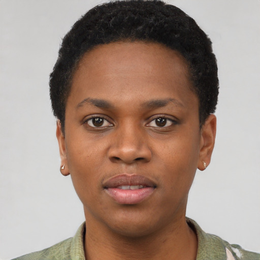 Neutral black young-adult female with short  black hair and brown eyes