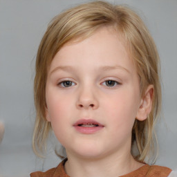 Neutral white child female with medium  brown hair and blue eyes