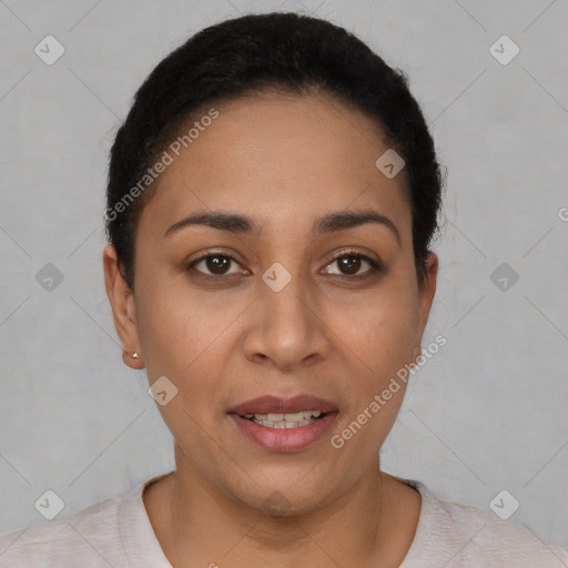 Joyful white young-adult female with short  black hair and brown eyes