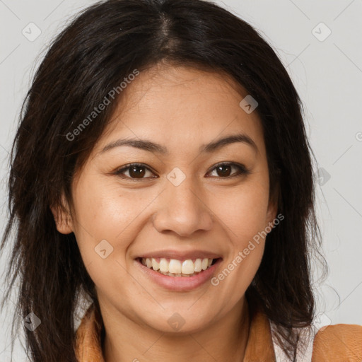 Joyful white young-adult female with long  brown hair and brown eyes