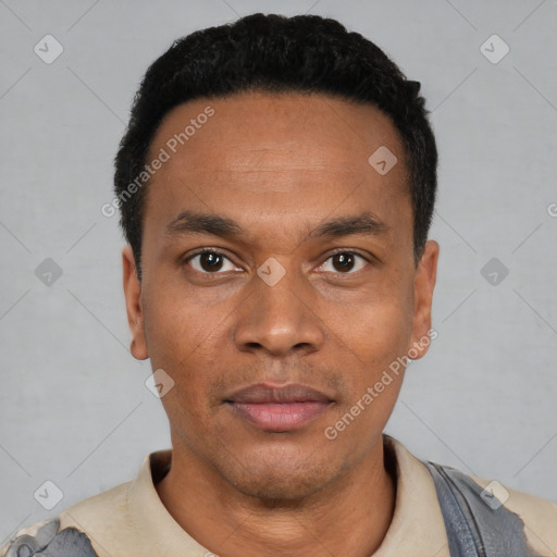 Neutral latino young-adult male with short  black hair and brown eyes