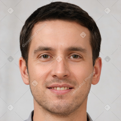 Joyful white young-adult male with short  brown hair and brown eyes