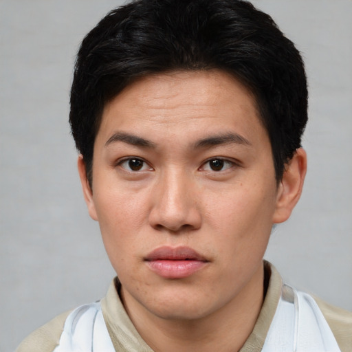 Neutral asian young-adult female with short  brown hair and brown eyes