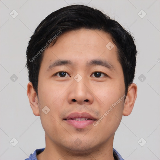 Neutral asian young-adult male with short  black hair and brown eyes