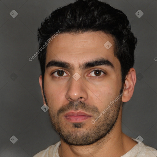 Neutral latino young-adult male with short  black hair and brown eyes