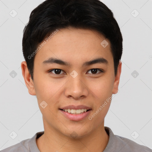 Joyful asian young-adult male with short  black hair and brown eyes