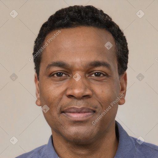 Joyful latino adult male with short  black hair and brown eyes