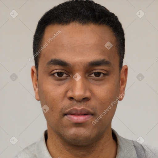 Neutral latino young-adult male with short  black hair and brown eyes
