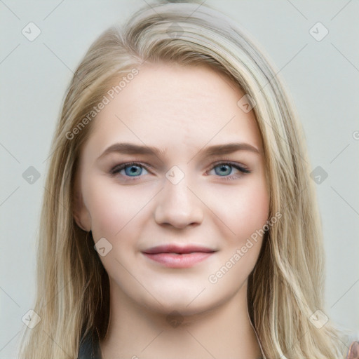 Joyful white young-adult female with long  brown hair and blue eyes