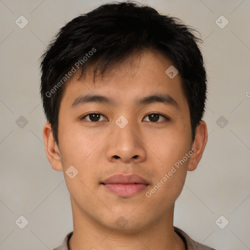 Neutral asian young-adult male with short  brown hair and brown eyes