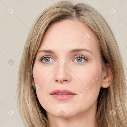 Neutral white young-adult female with long  brown hair and blue eyes