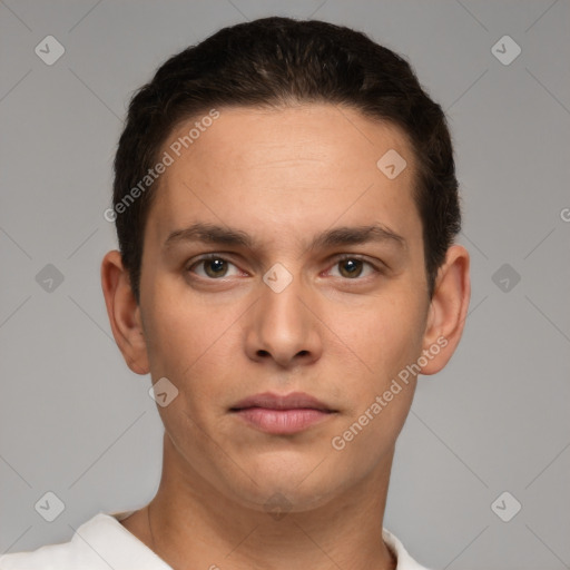 Neutral white young-adult male with short  brown hair and brown eyes