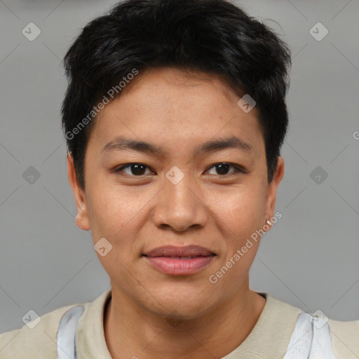 Joyful asian young-adult female with short  brown hair and brown eyes