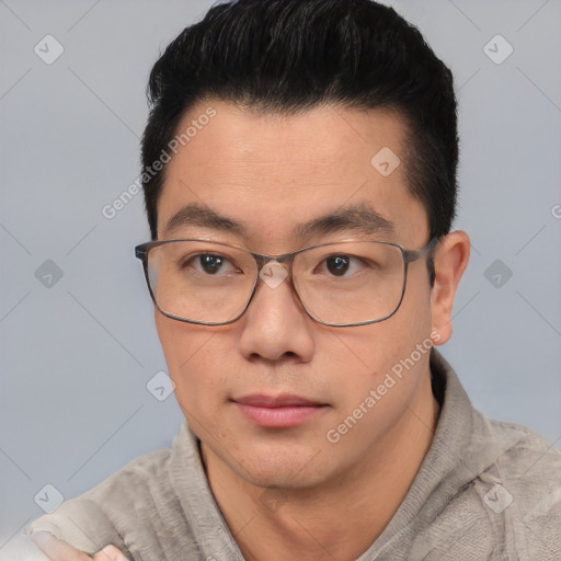 Neutral asian young-adult male with short  black hair and brown eyes