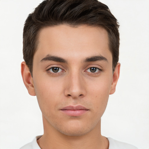 Neutral white young-adult male with short  brown hair and brown eyes