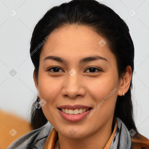 Joyful asian young-adult female with medium  brown hair and brown eyes