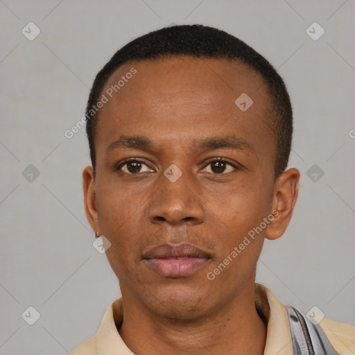 Neutral latino young-adult male with short  brown hair and brown eyes