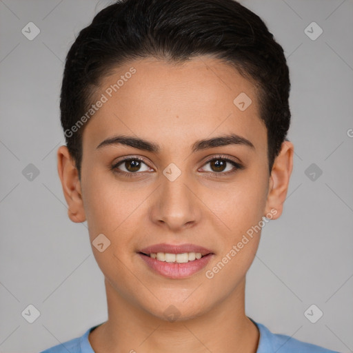 Joyful white young-adult female with short  brown hair and brown eyes