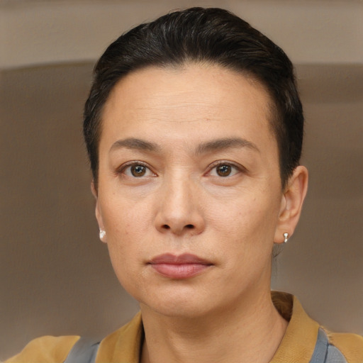 Neutral white adult female with short  brown hair and brown eyes