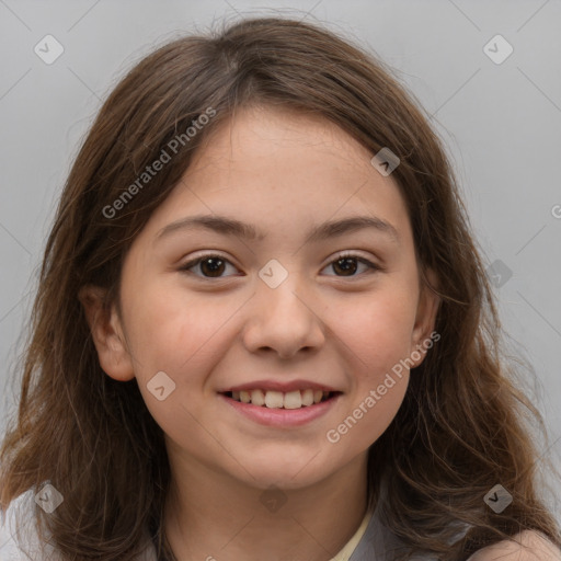 Joyful white child female with medium  brown hair and brown eyes