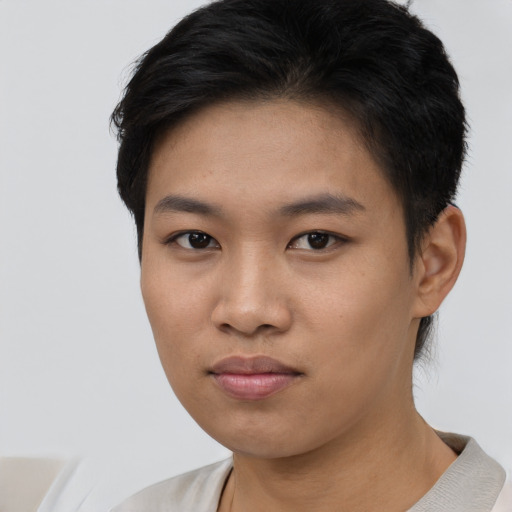 Neutral asian young-adult female with short  black hair and brown eyes