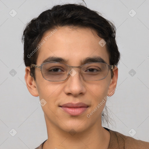 Joyful white young-adult male with short  black hair and brown eyes