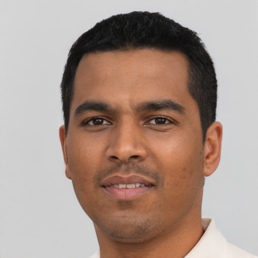 Neutral latino young-adult male with short  black hair and brown eyes