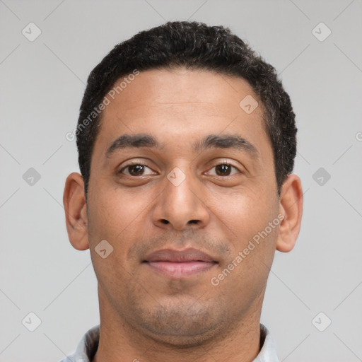 Neutral latino young-adult male with short  brown hair and brown eyes