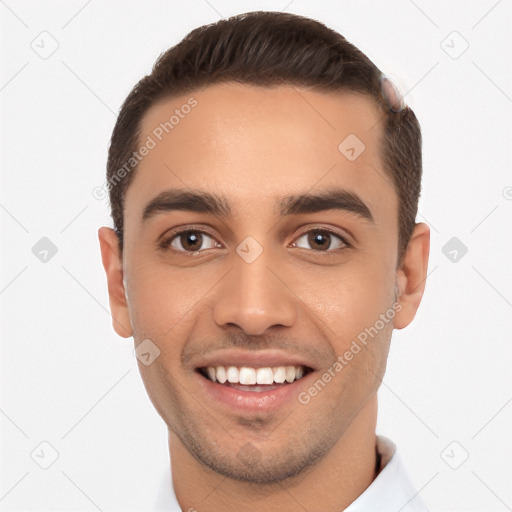 Joyful white young-adult male with short  brown hair and brown eyes