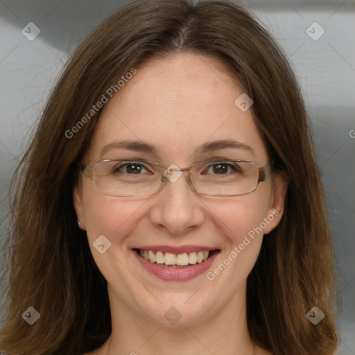 Joyful white adult female with long  brown hair and brown eyes