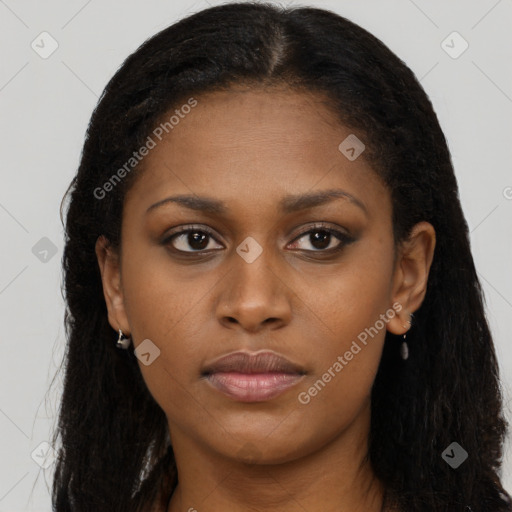 Neutral black young-adult female with long  brown hair and brown eyes