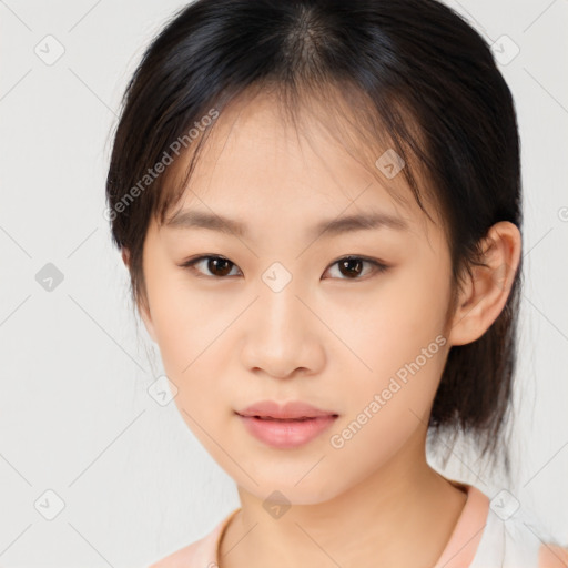 Neutral asian young-adult female with medium  brown hair and brown eyes