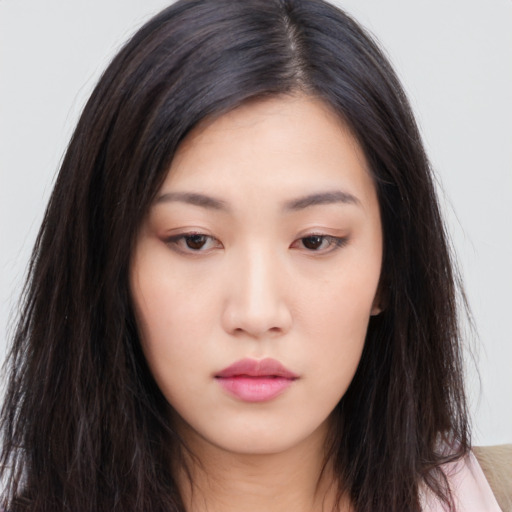 Neutral asian young-adult female with long  black hair and brown eyes