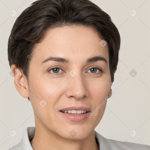 Joyful white young-adult female with short  brown hair and brown eyes