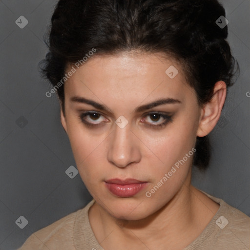 Neutral white young-adult female with short  brown hair and brown eyes