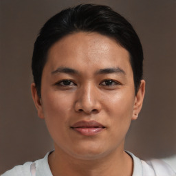 Joyful asian young-adult female with short  black hair and brown eyes